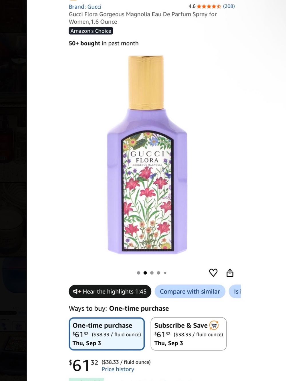 Gucci Floral Bottle in Lavender with Gold Cap